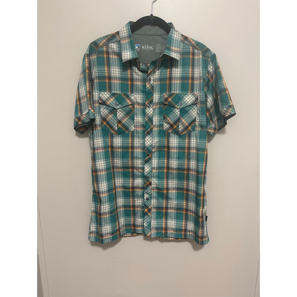 Kuhl Eluxor Teal Green Plaid Pearl Snap Short Sleeve Shirt Mens Small Wicking